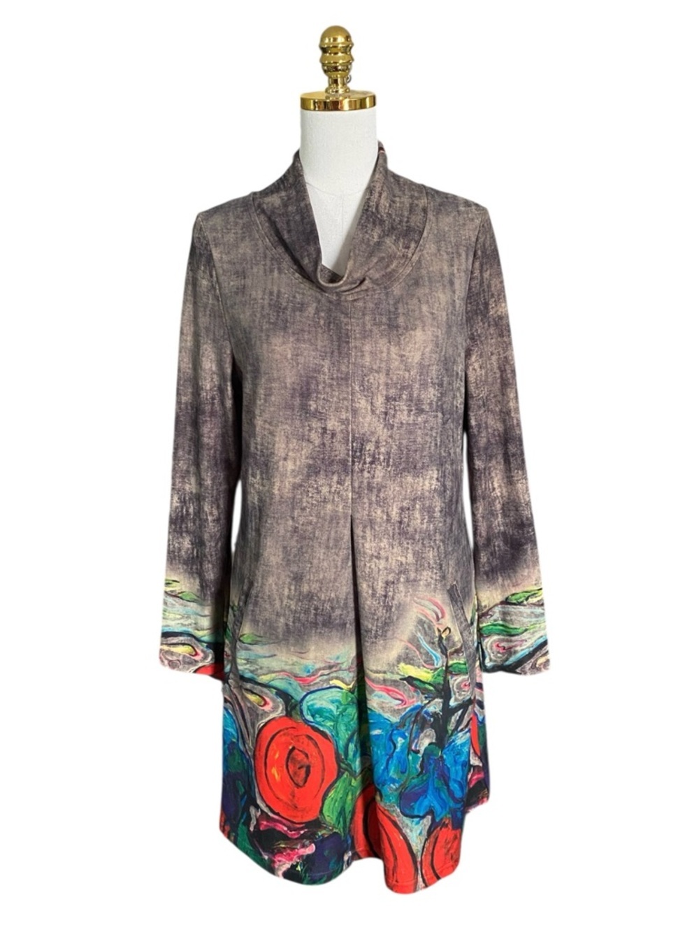 Shana Women’s Artsy Abstract Art to Wear Cowl Neck Long Sleeve A-Line Dress Sz M